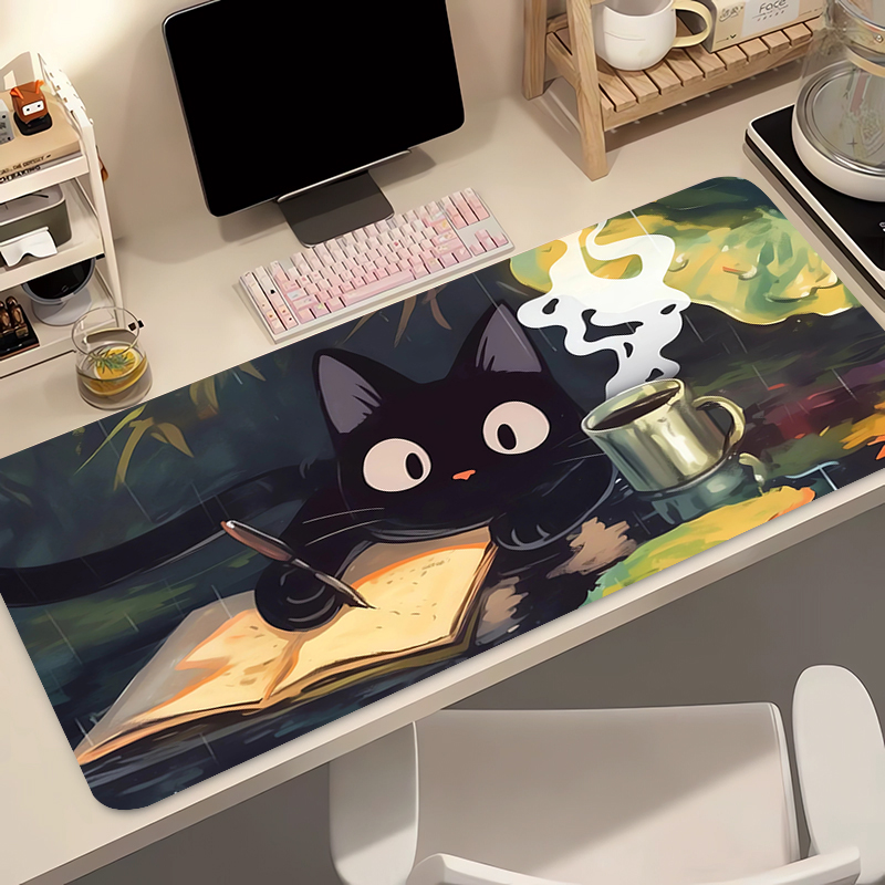 Gaming Keyboard Tactile - แผ่นรองเมาส์ซิลิโคนลายแมวดำน่ารัก แผ่นรองคีย์บอร์ดขนาดใหญ่ แผ่นรองเมาส์ลายภูมิประเทศสำหรับคีย์บอร์ด พร้อมแผ่นรองกันลื่น